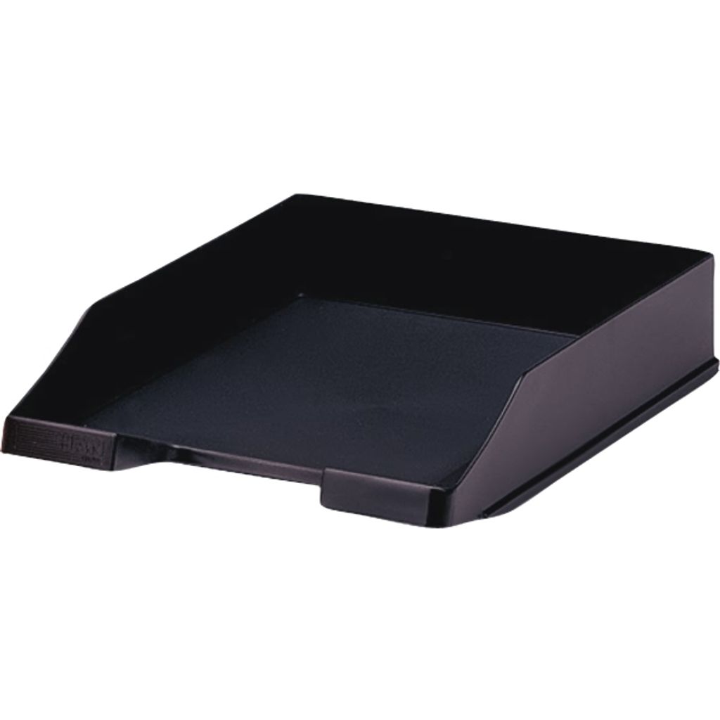 A black plastic document tray on a white background.