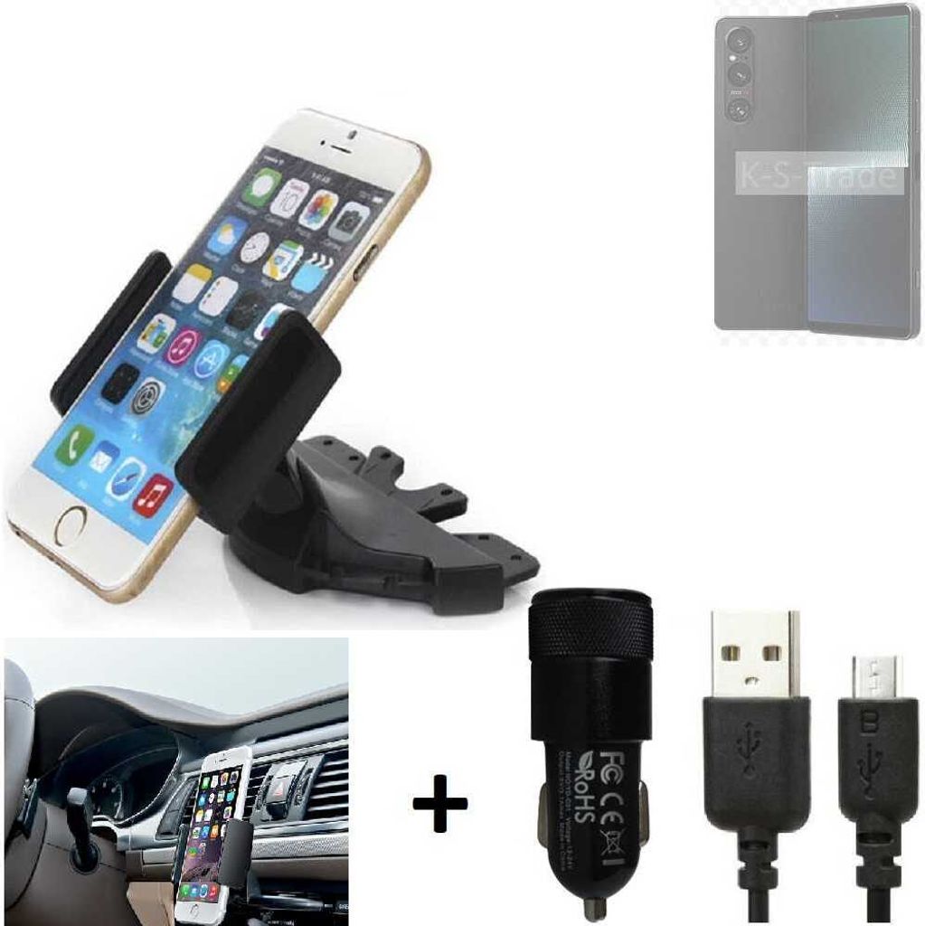 TOP SET K-S-Trade Autohalterung kompatibel mit Sony Xperia 1 V CD Schlitz Halterung KFZ-Halter Radio Handy Halterung 360° drehbar DVD-Schacht inkl.