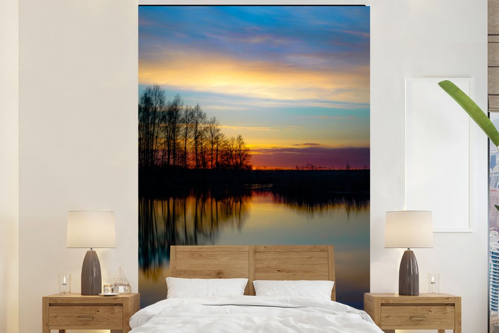 MuchoWow Fototapete für Wohnzimmer oder Schlafzimmer Wandtapete Vinyl Motivtapete Wasser - See - Bäume - Sonnenuntergang - Natur - 180x280 cm -...