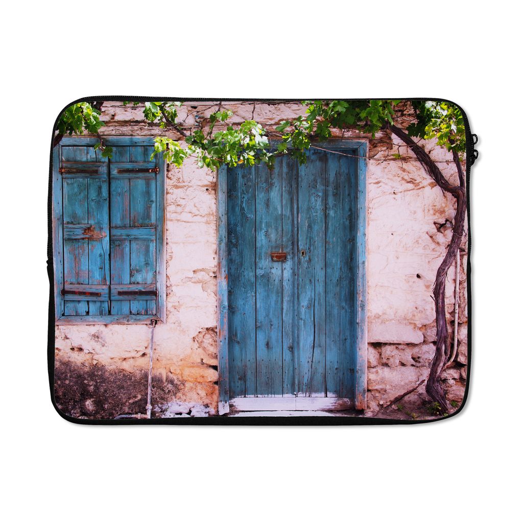 MuchoWow Laptop Hülle 17 Zoll Laptoptasche Vintage - Tür - Haus - Blau - Baum - Zipper - Schutzabdeckung