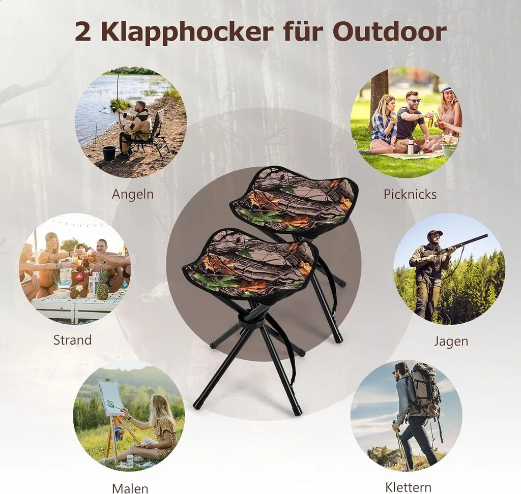 COSTWAY set di 2 sgabelli pieghevoli, sgabello da campeggio pieghevole e leggero, sgabello treppiede con tracolla, sgabello da campeggio portatile fino a 150 kg di portata, sgabello da pesca per campeggio, escursionismo, caccia, pesca, viaggi - 6