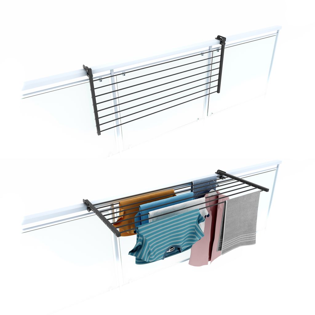 A product image showing a balcony clothes drying rack, first empty and then with clothes on it.