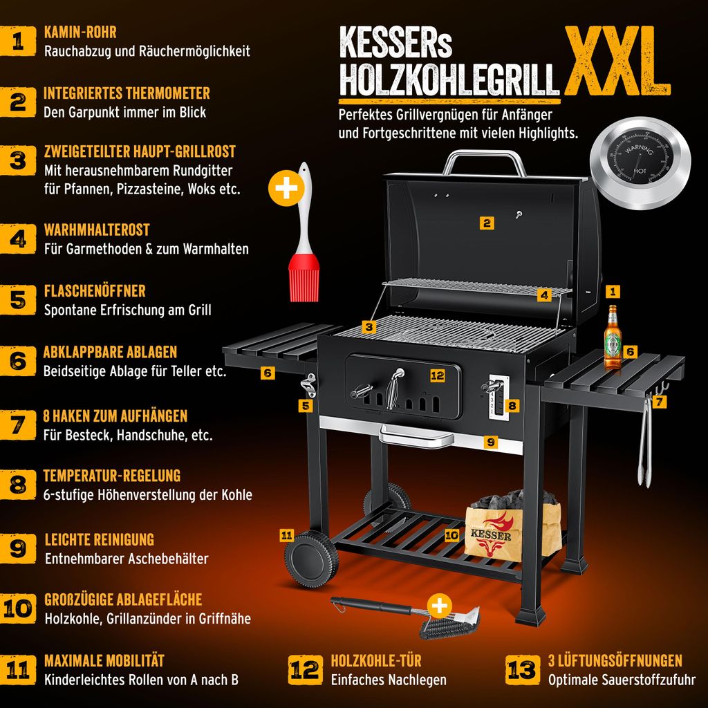 KESSER® Grillwagen XXL Holzkohlegrill mit Edelstahl-Griff