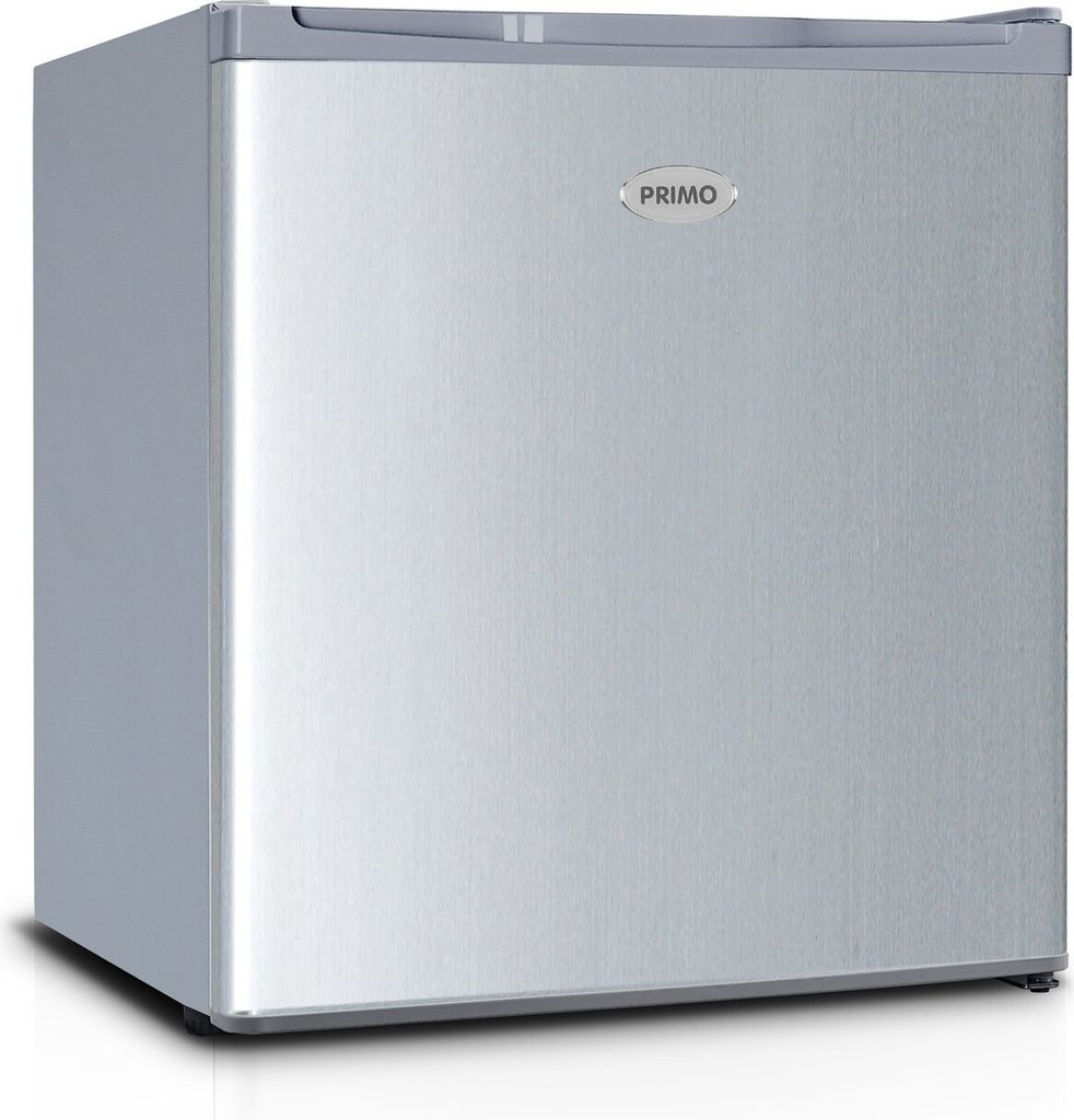 A small, freestanding silver refrigerator with a gray top is shown from a slightly diagonal front angle against a white background.