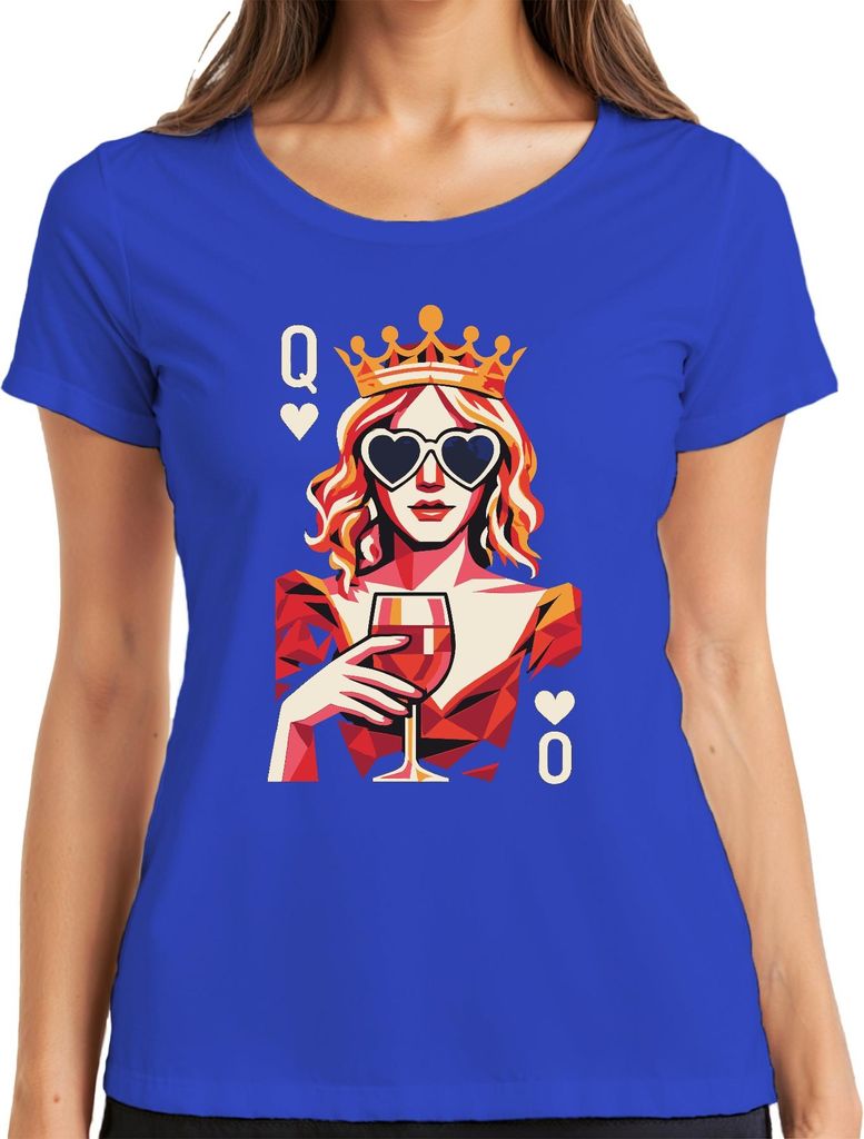 Königin der Herzen Weinglas PopArt Krone Herzbrille Wein Retro Damen T-Shirt, Blau, L