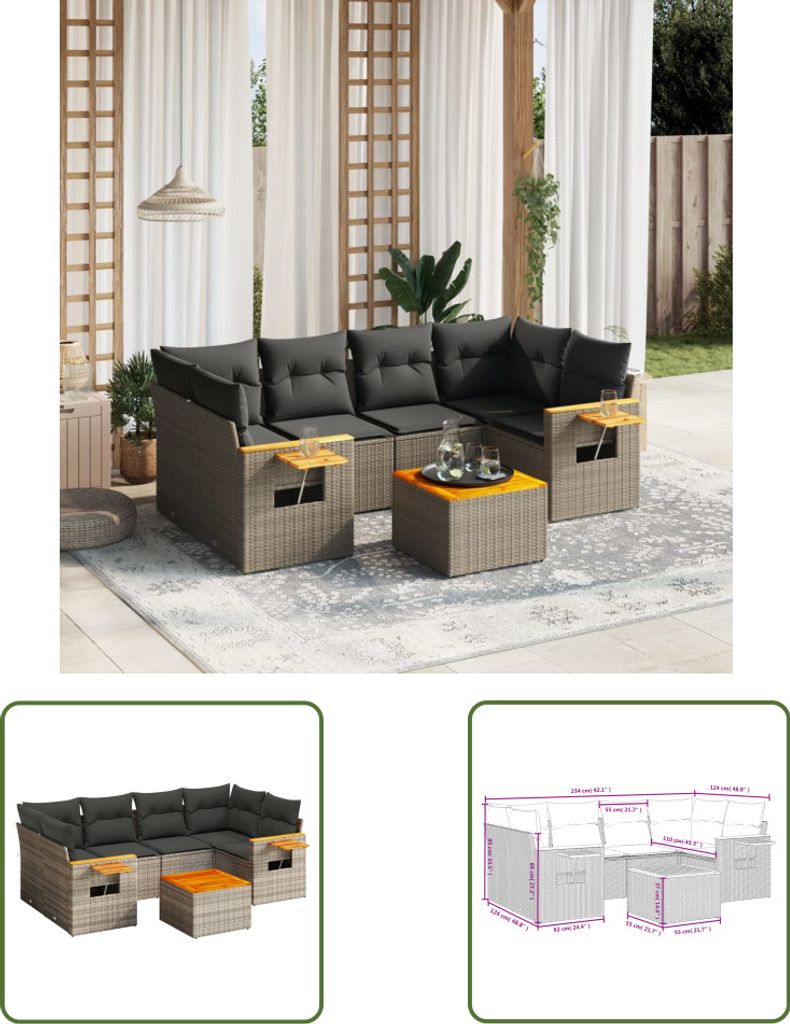 The Living Store 7-tlg. Garten-Sofagarnitur mit Kissen Grau Poly Rattan