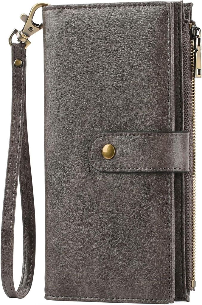 Große Damen-Geldbörse Langformat Leder mit RFID Schutz, 16 Kartenfächer, Reißverschlussfach, Handschlaufe, Vintage Portemonnaie für Frauen