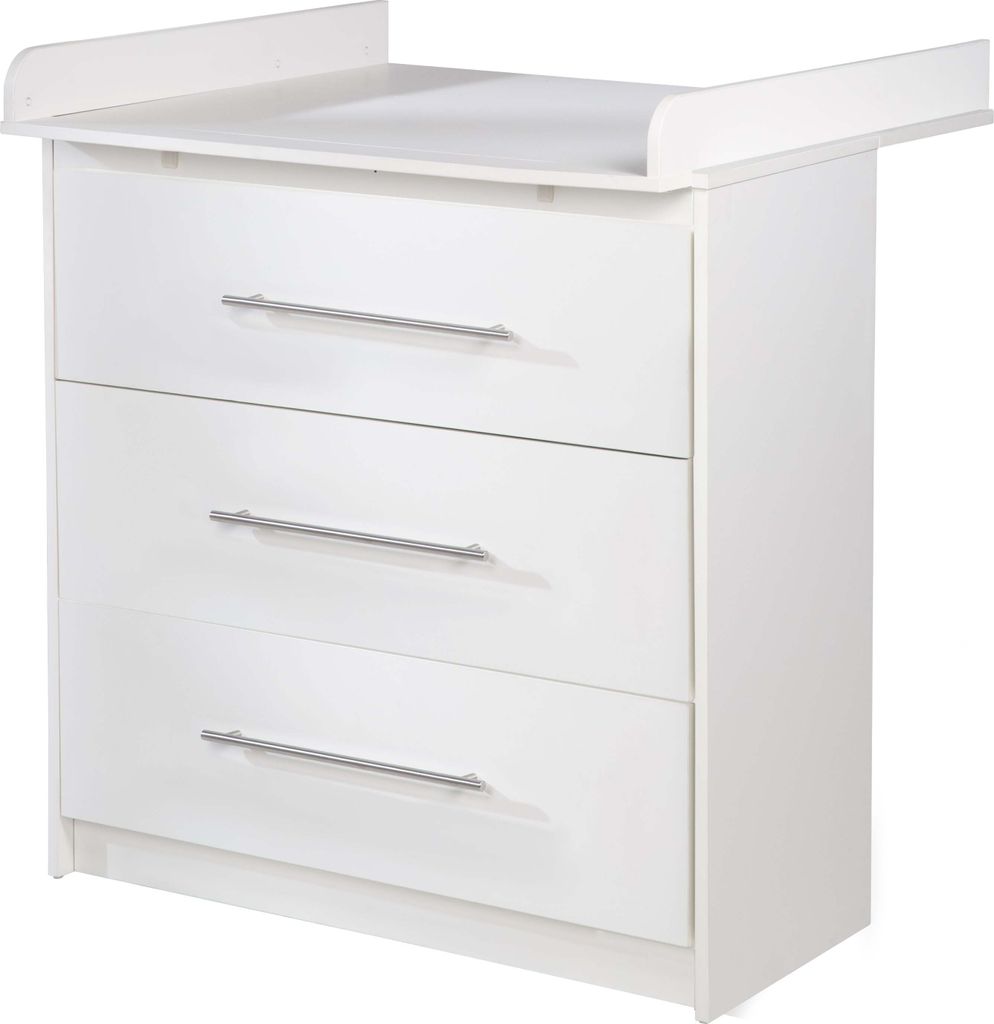 A white changing table with three drawers and a raised edge for safety.
