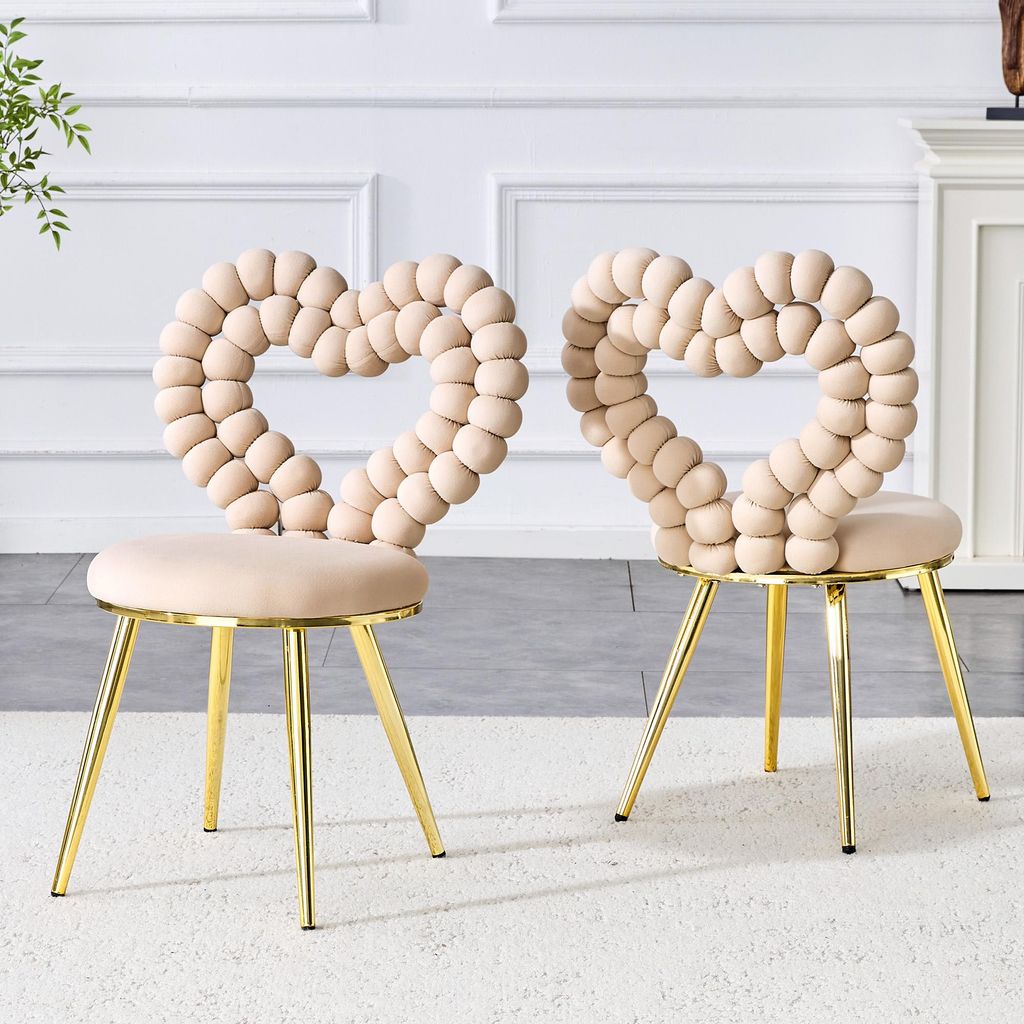 Hellbeige Samt-Esszimmerstühle (2er-Set) – Herzförmige Ausschnitts-Rückenlehne, Vergoldete Metallbeine, Vielseitig für Esszimmer, Garderobebe...