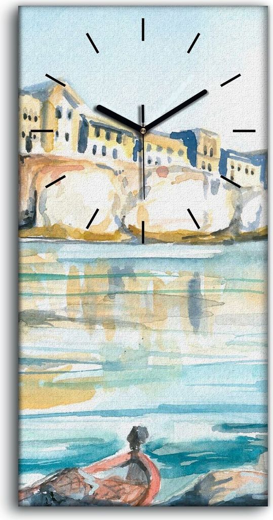 Leinwand Uhr Küche Wohnzimmer Bild 30x60 Boot in der Bucht Aquarell bemalt - schwarze Hände