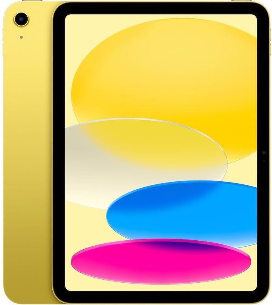 A yellow tablet is shown from the front and side.
