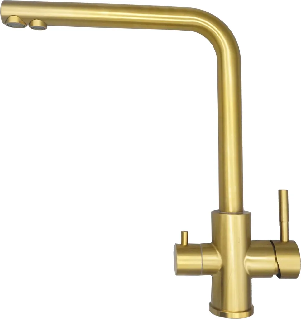 Rubinetto da cucina DQOK, design a doppia maniglia, struttura in acciaio inox, SSD Gold