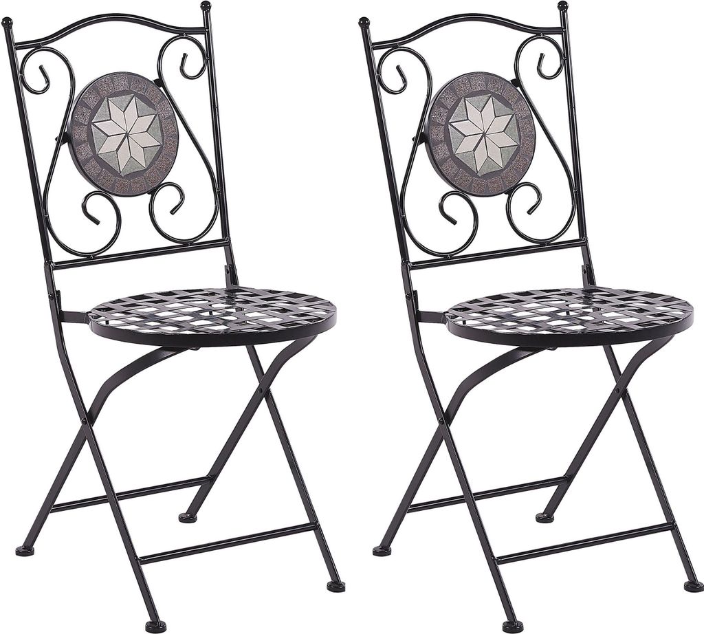 Two black metal folding chairs with ceramic mosaic details on the backrests, set against a white background.