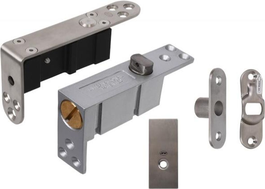PIVOT JNF Pendeltürband (IN.05.199+IN.05.201.R) für Holztüren, beidseitig auf und ab (min. Türstärke 35-45mm, bis 900mm, bis 45kg), abgerundet