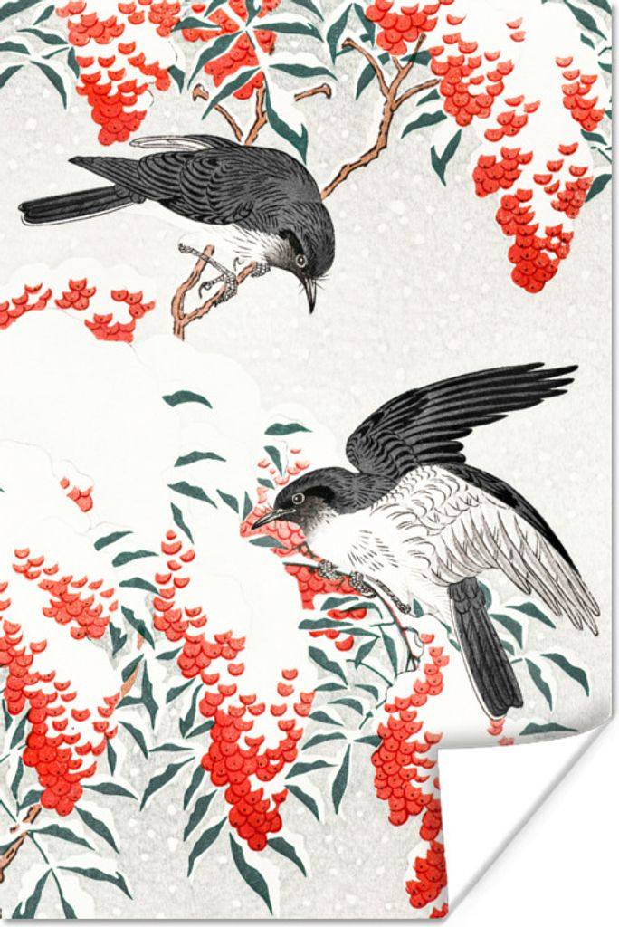 MuchoWow Poster Vögel - Beere - Rot - Japandi 40x60 cm - Plakate für die Wand - Poster Babyzimmer