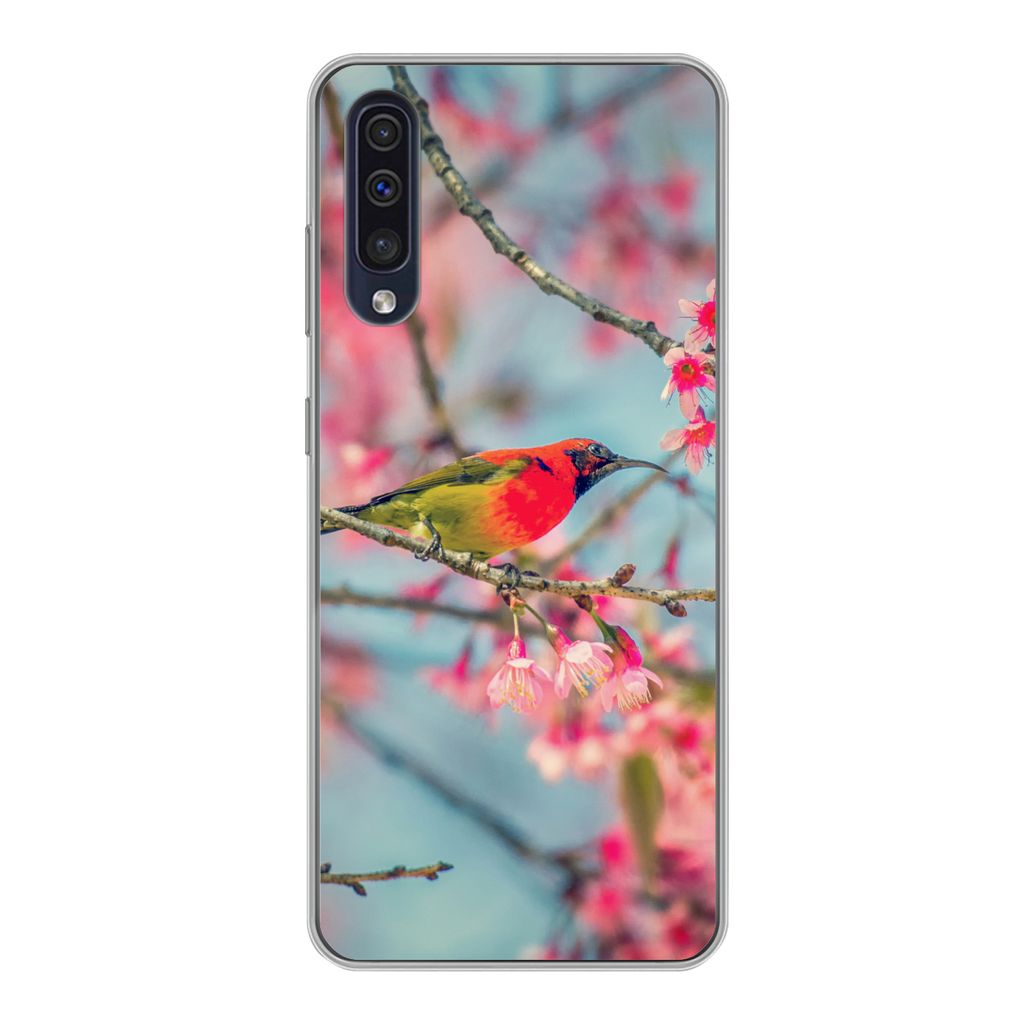 MuchoWow Handyhülle Schutzhülle Hülle für Samsung Galaxy A30s Vogel - Sakura - Farben Silikon Softcase Handy Hülle - Karteninhaber