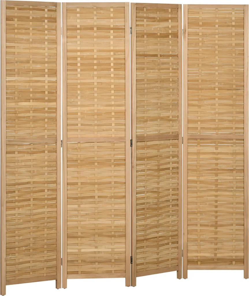 Paravent 4 volets en bois et bambou naturel clair pliable format 160x170 cm