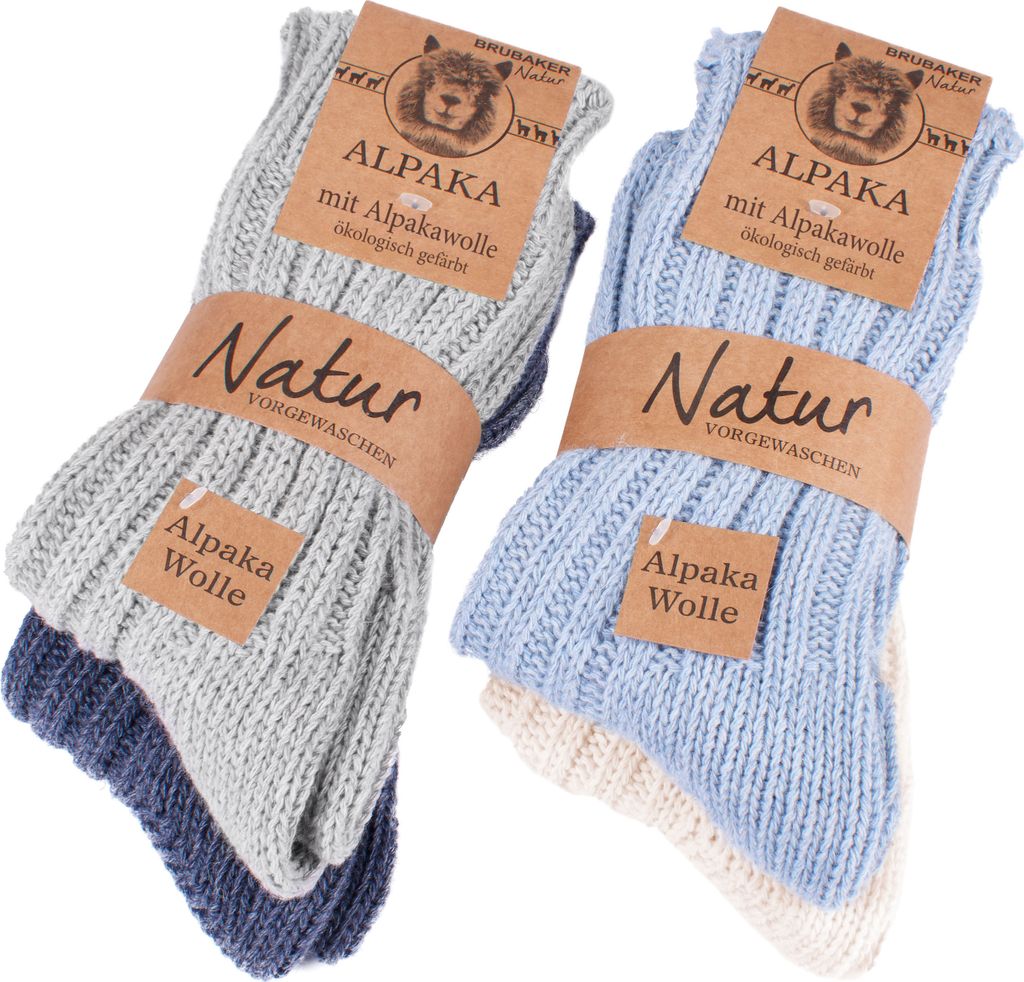 BRUBAKER 4 Paar Alpaka Socken mit Alpakawolle - Wintersocken Set für Damen und Herren, Blau, Grau und Beige, 43-46