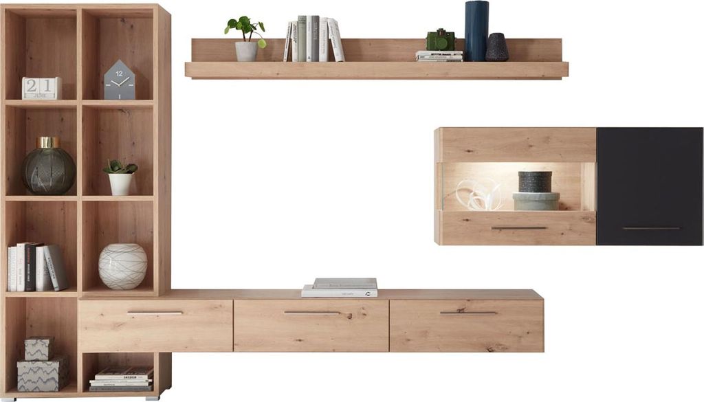 Wohnwand Space Anbauwand 3-teilig Eiche Artisan cosmos grey Perfekt Touch
