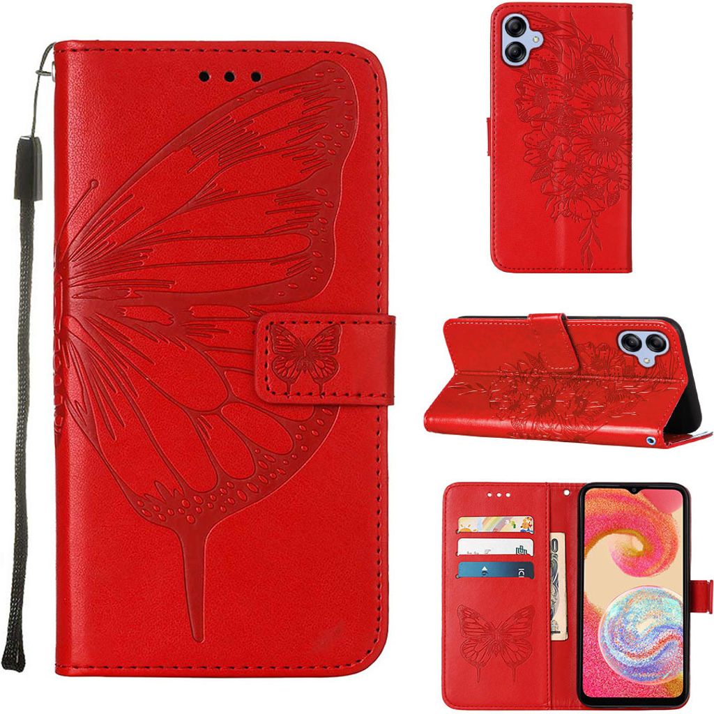 Galaxy A04E Hülle, Schmetterling Prägung Flip Leder Kartenfächer Schutzhülle Ledertasche mit Ständer für Samsung Galaxy A04E Rot