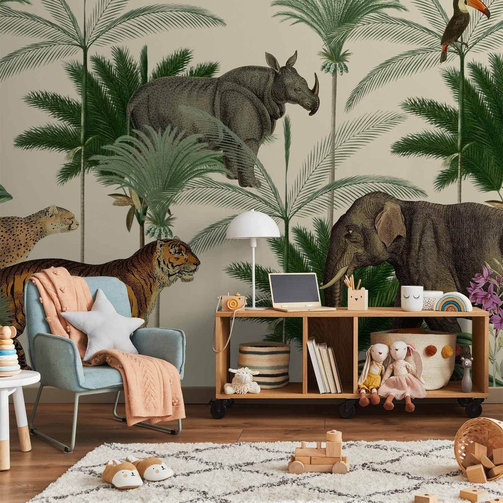 Vlies Fototapete - Jungle Land With Animals in the Style of Old Engravings 450x315 cm Tiere e-C-10093-a-a
