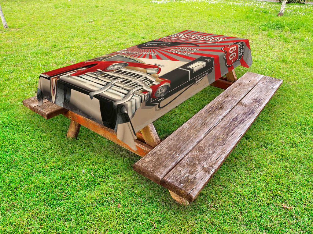 ABAKUHAUS Autos Tischdecke Outdoor, Poster Stil Bild Benzin Station Kommerziellen Kitschy Element Route 66 Druck, Vermilion Beige, 145x305cm