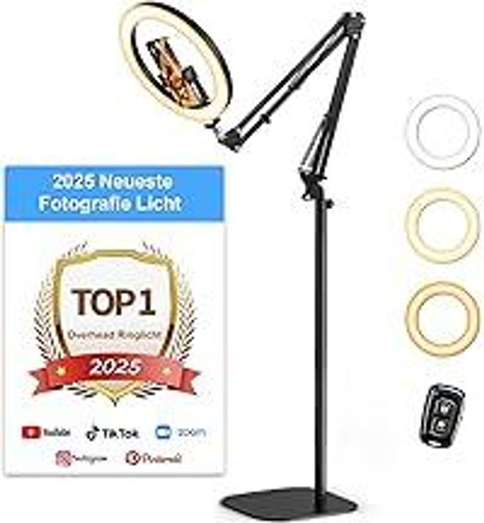 Upgrade Ringlicht Ringleuchte mit Stativ Overhead, Evershop 10” Handy Stativ mit LED Ringlicht Flexibel 70,8” Höhe& 360°Lichtring Ring Light ...
