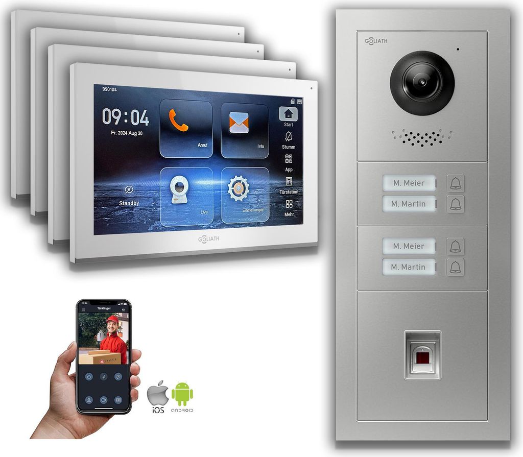 Goliath IP Video Türsprechanlage: 10-Zoll 4 Familienhaus, Fingerprint, Silber : Unterputzdose : 10 Zoll in Weiß Monitor Auswahl: 10 Zoll in Weiß...