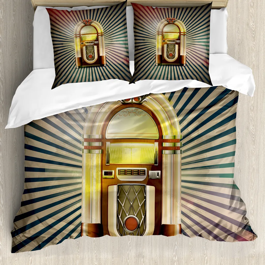 ABAKUHAUS Set copripiumino vintage per letti matrimoniali, radio antica con carillon, antiacaro e anallergico con federe, beige, marrone e verde