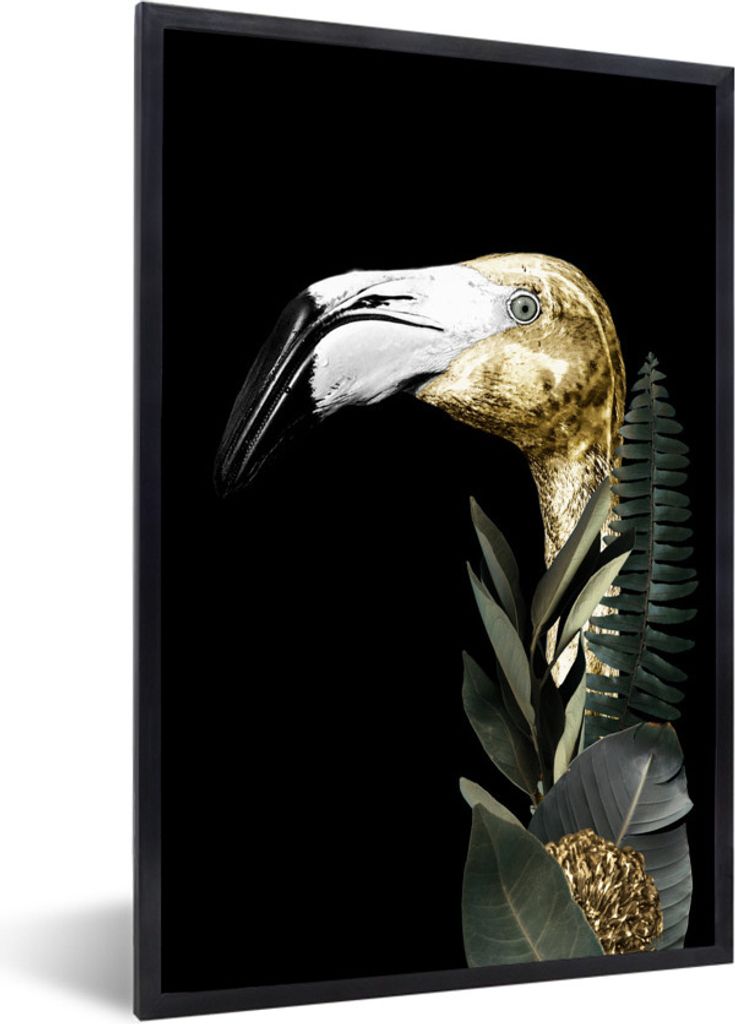 MuchoWow MuchoWow Gerahmtes Poster Flamingo - Gold - Schwarz 20x30 cm - Poster mit zchwarzem Bilderrahmen - Drucken - Bilder Poster im Rahmen