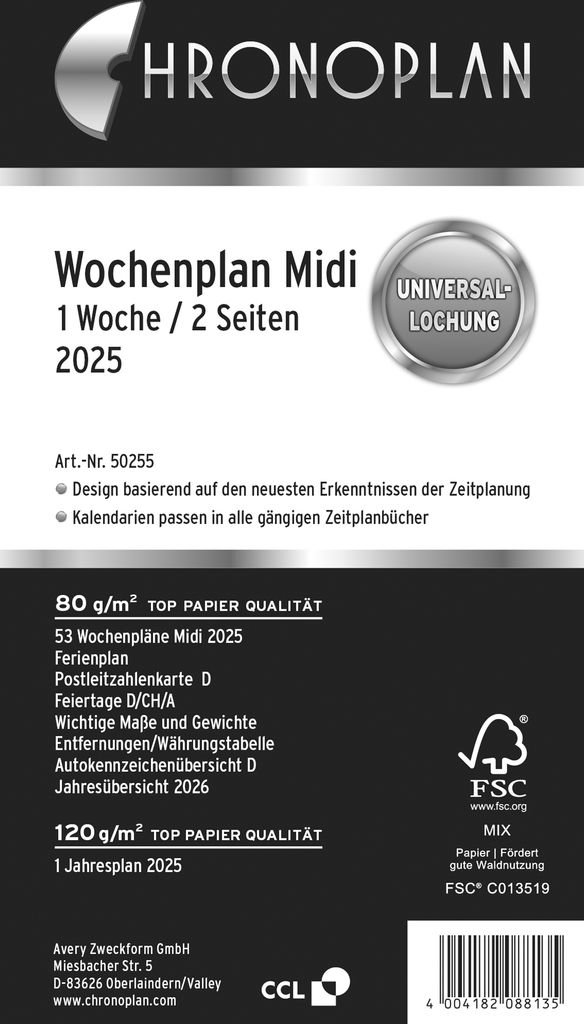 CHRONOPLAN týdenní rozvrh 2025 1 týden/2 strany midi čísla Obrázek produktu 1
