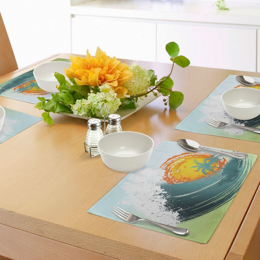 ABAKUHAUS Tropisch Platzmatten, Exotische Kokosnuss-Palme-Sun-Ozean-Wellen-Sommer-Grafik, Tiscjdeco aus Farbfesten Stoff für das Esszimmer und Kü...