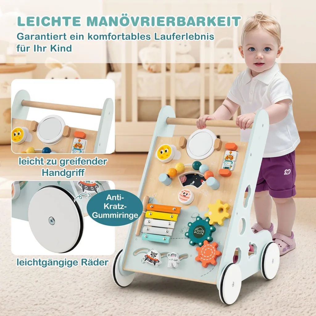Chariot de marche bébé en bois - Centre d'éveil multi-activités éducatif