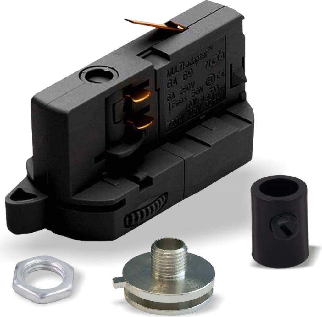 Multiadapter für 3-Phasen Stromschienenstrahler inkl. Alunippel, Mutter und Zugentlaster | Schwarz