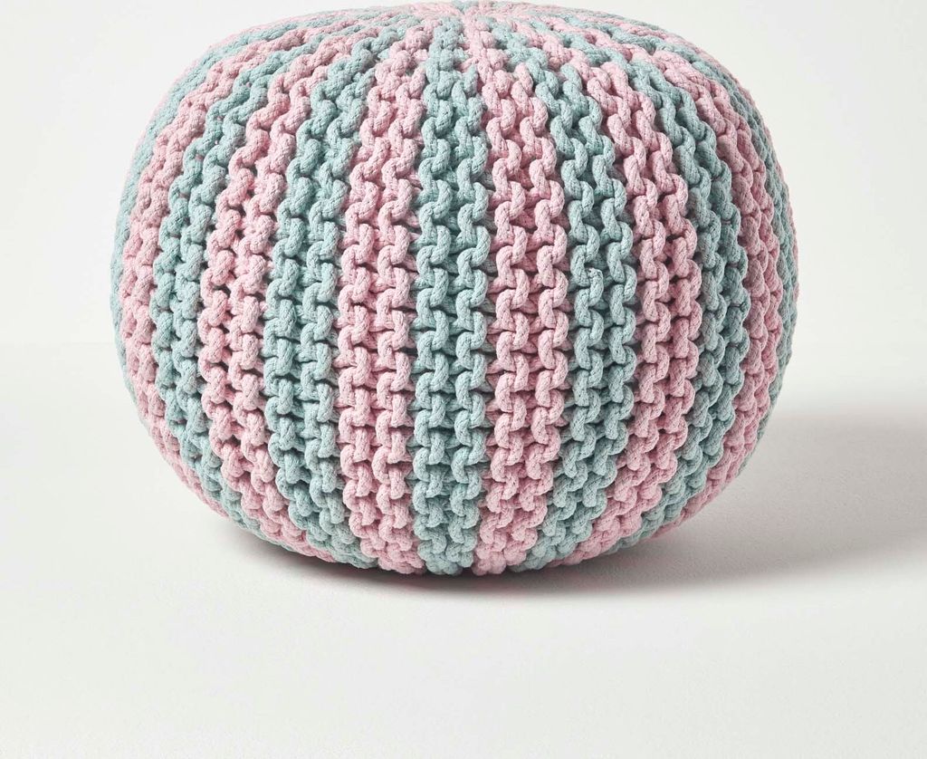 HOMESCAPES Runder Pouf, hellblau-rosa, 35 x 40 cm
