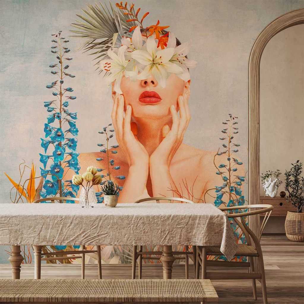 Vlies Fototapete - Nature in thought - female figure among flowers on a patterned background 450x315 cm Menschen h-C-10017-a-a