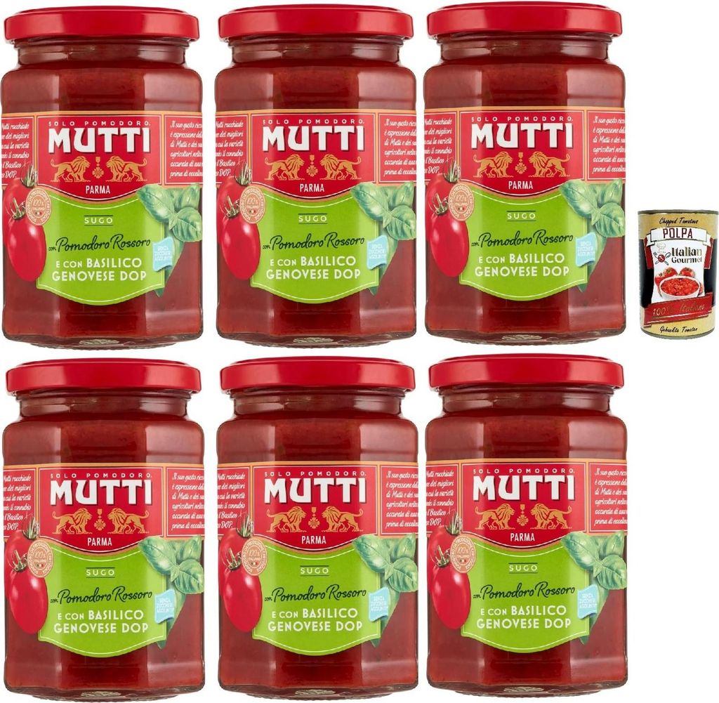 Mutti Sugo di pomodori con pomodoro rossoro e con "Basilico Genovese DOP, Tomatensauce mit Rossoro -Tomaten und mit "Genovese Basilikum Dop", 6x 28...