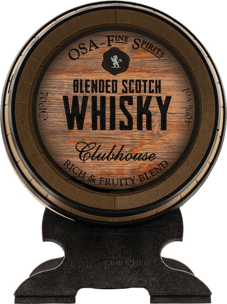 A product shot of a whisky barrel with branding.
