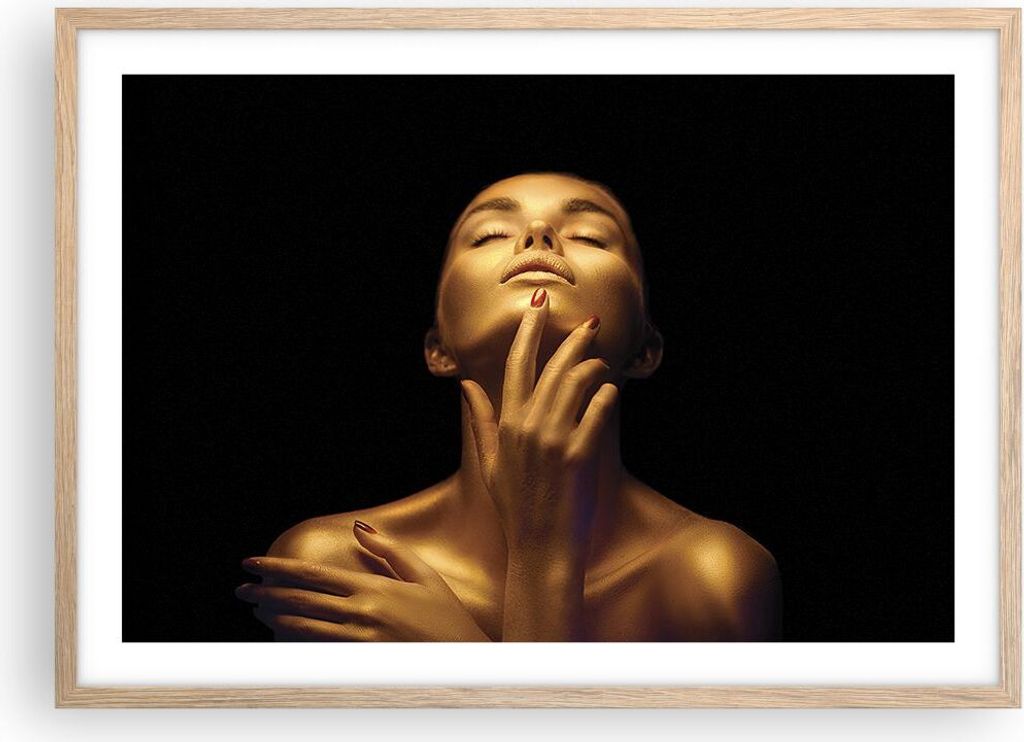 Gerahmtes Poster - Rahmen in heller Eiche - Gold Frau Stück - 70x50 cm - Wand Bild - Wanddeko - Wandbilder - Kunstposter - Wandposter - Bilderrahm...
