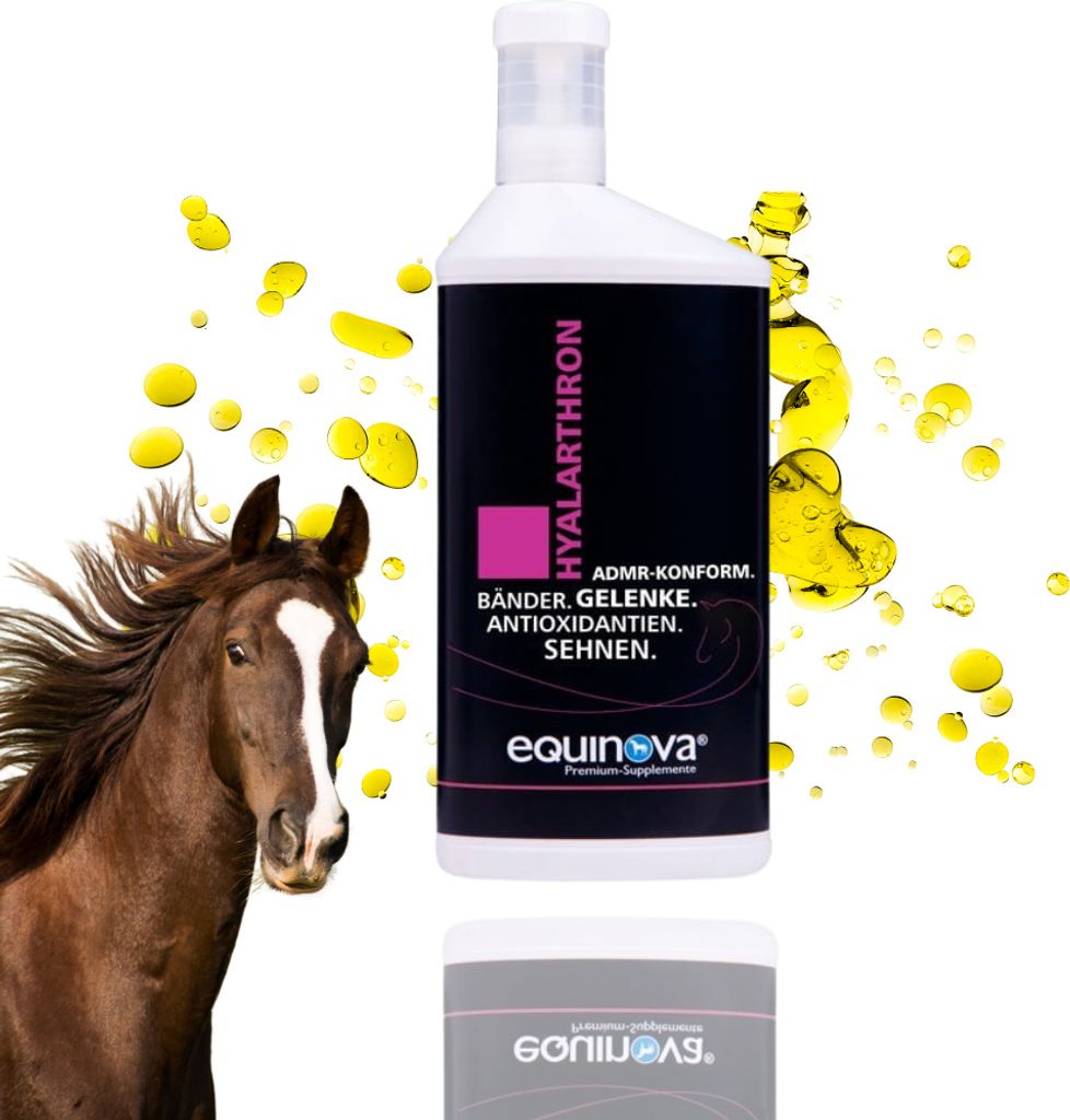 A horse and a bottle of supplement are shown with yellow liquid droplets.