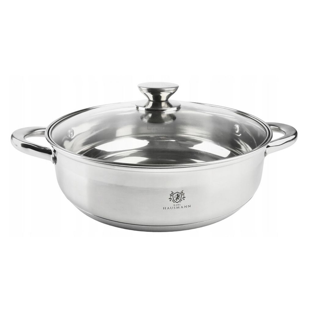 A stainless steel pot with a glass lid, shown from the front on a white background.