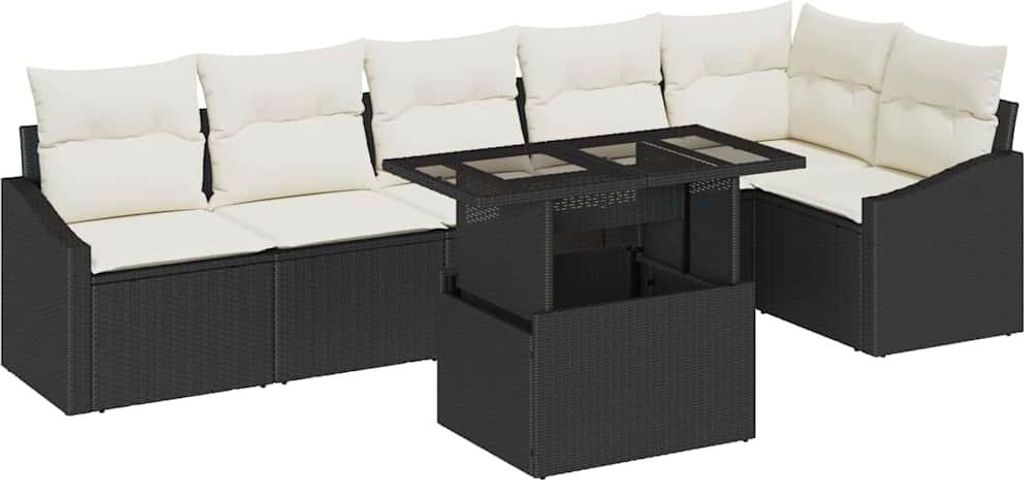 vidaXL Garten-Sofa-Set mit Kissen mit Speicher 7 pcs Schwarz und Creme