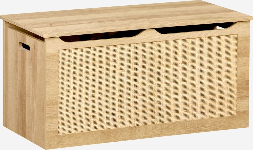 A wooden toy chest with a rattan front panel.