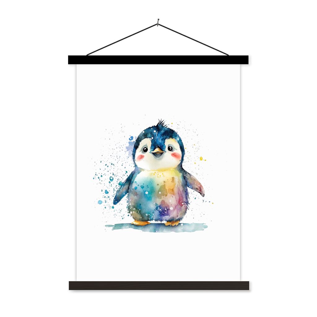 MuchoWow Textilposter Pinguin - Regenbogen - Aquarell - Tiere - Kinder 90x120 cm mit schwarzem Rahmen - Dekoration