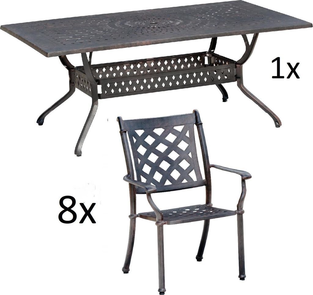 Inko 9-teilige Sitzgruppe Alu-Guss bronze Tisch 215x107x74 cm cm mit 8 Sesseln