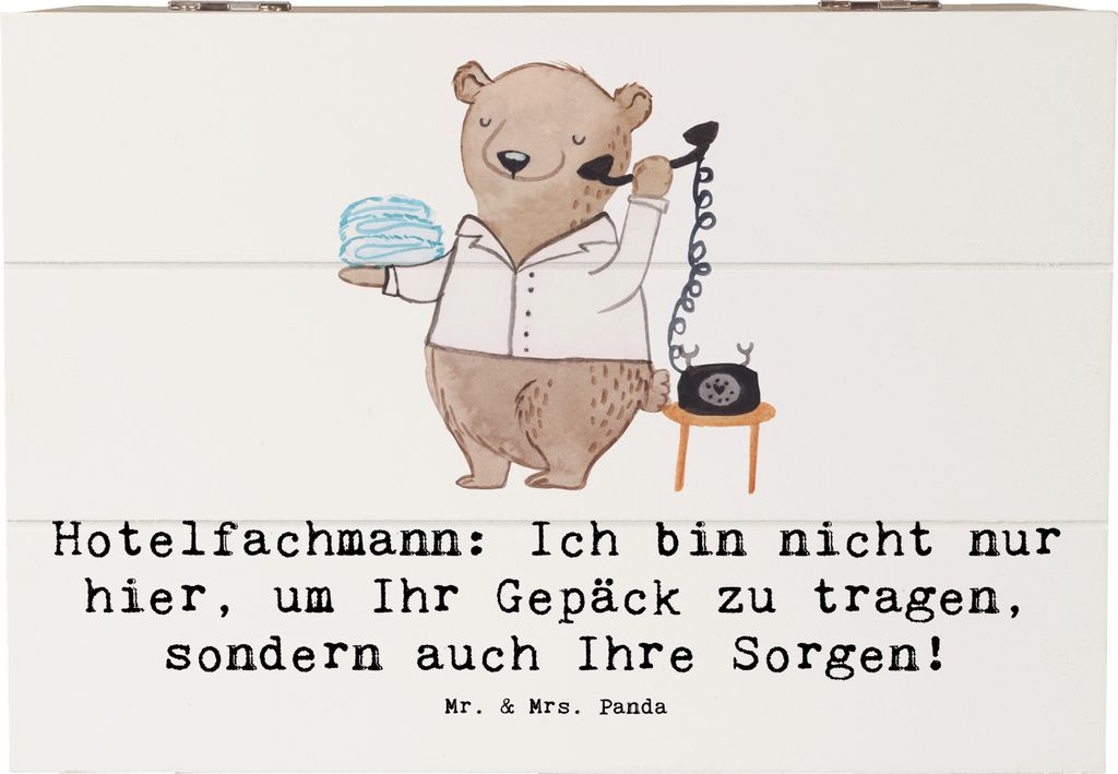 Mr. & Mrs. Panda Geschenkbox Hotelfachmann Sorge 22 x 15 cm - Weiß - Geschenk, Hotellerie, Holzkiste, Housekeeping, schatztruhe, Berufspassion, Ho...