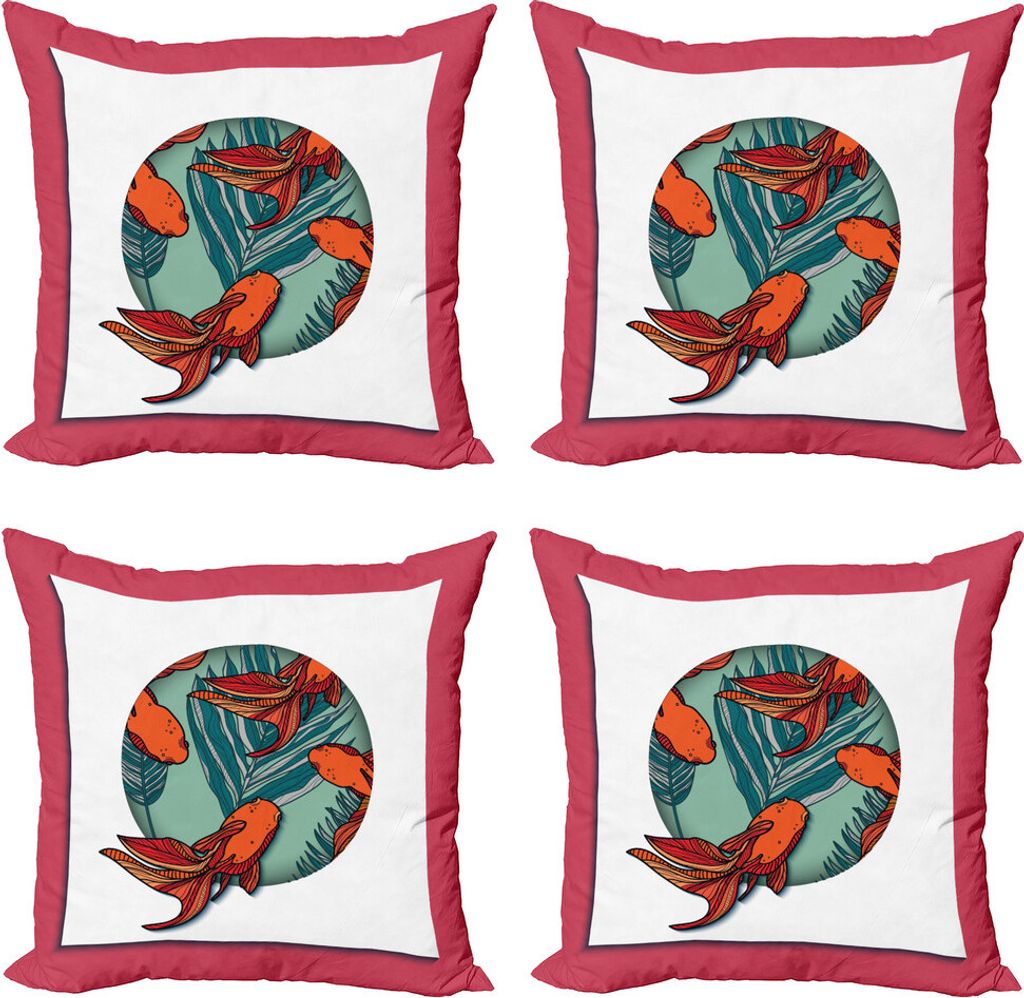 ABAKUHAUS Goldfisch Kissenbezug Set (4 Stück), Tropische Blätter in Kreis, Moderner Doppelseitiger Digitaldruck, 60 cm x 60 cm, Mehrfarbig