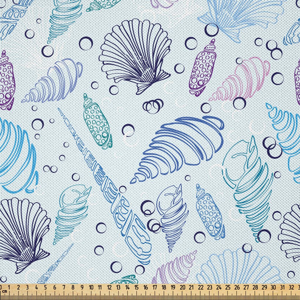 ABAKUHAUS Nautisch Satin Stoff als Meterware, Verschiedene Sea Shell Pattern Unterwasser Blasen Ocean Maritime Print, 1 M (148 x 100 cm), Indigo Bl...