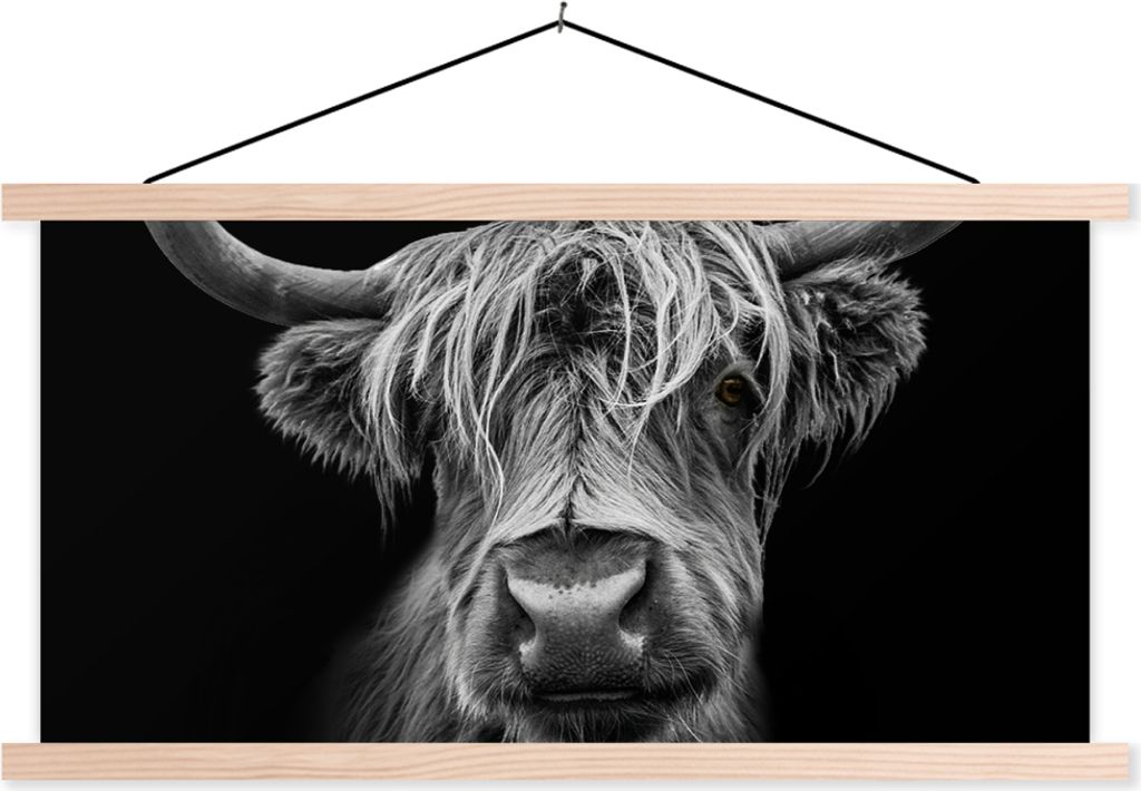 MuchoWow Textilposter Schottisches Hochlandrind - Hörner - Schwarz - Weiß - Kuh - Wild - Tiere 60x30 cm mit holzfarbenen Rahmen - Dekoration