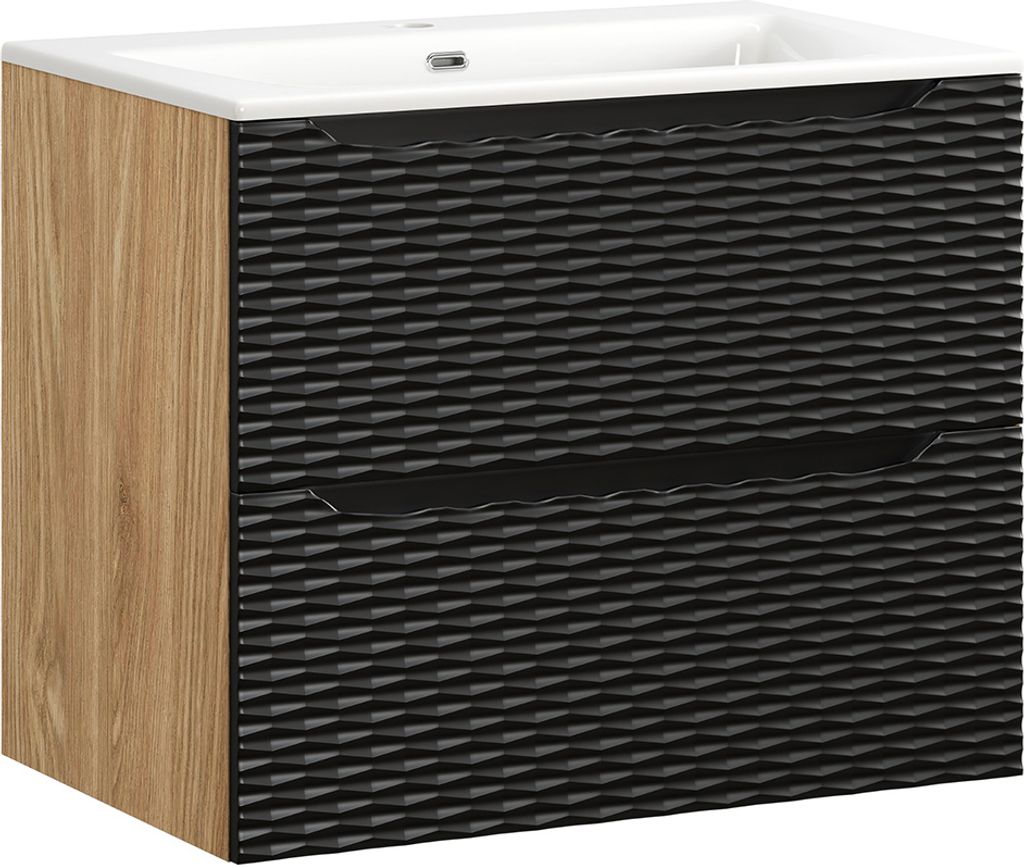 Waschtisch 70cm in Eiche mit schwarz, OLUO-56-BLACK, Front mit 3D-Struktur in Wellenoptik